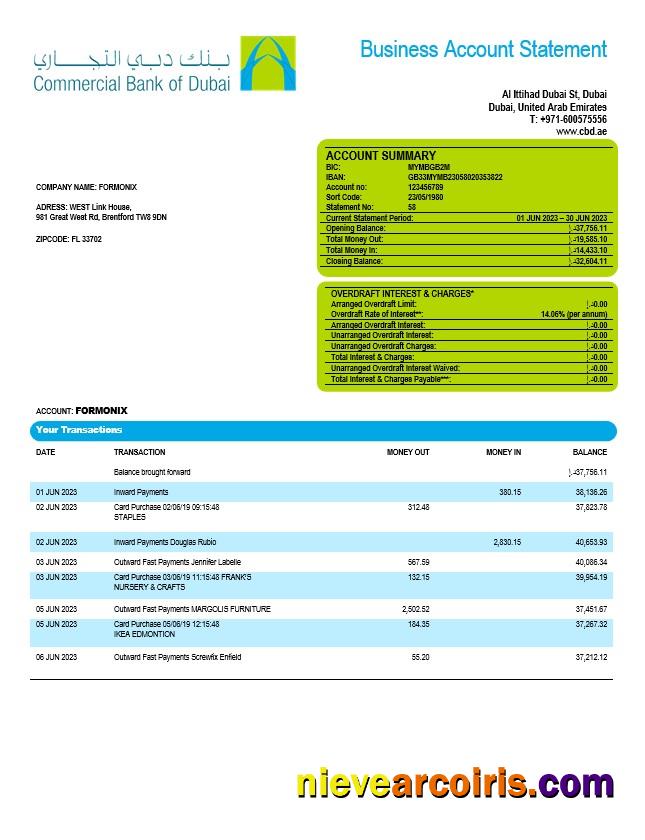 Commercial Bank of Dubai company checking account statement